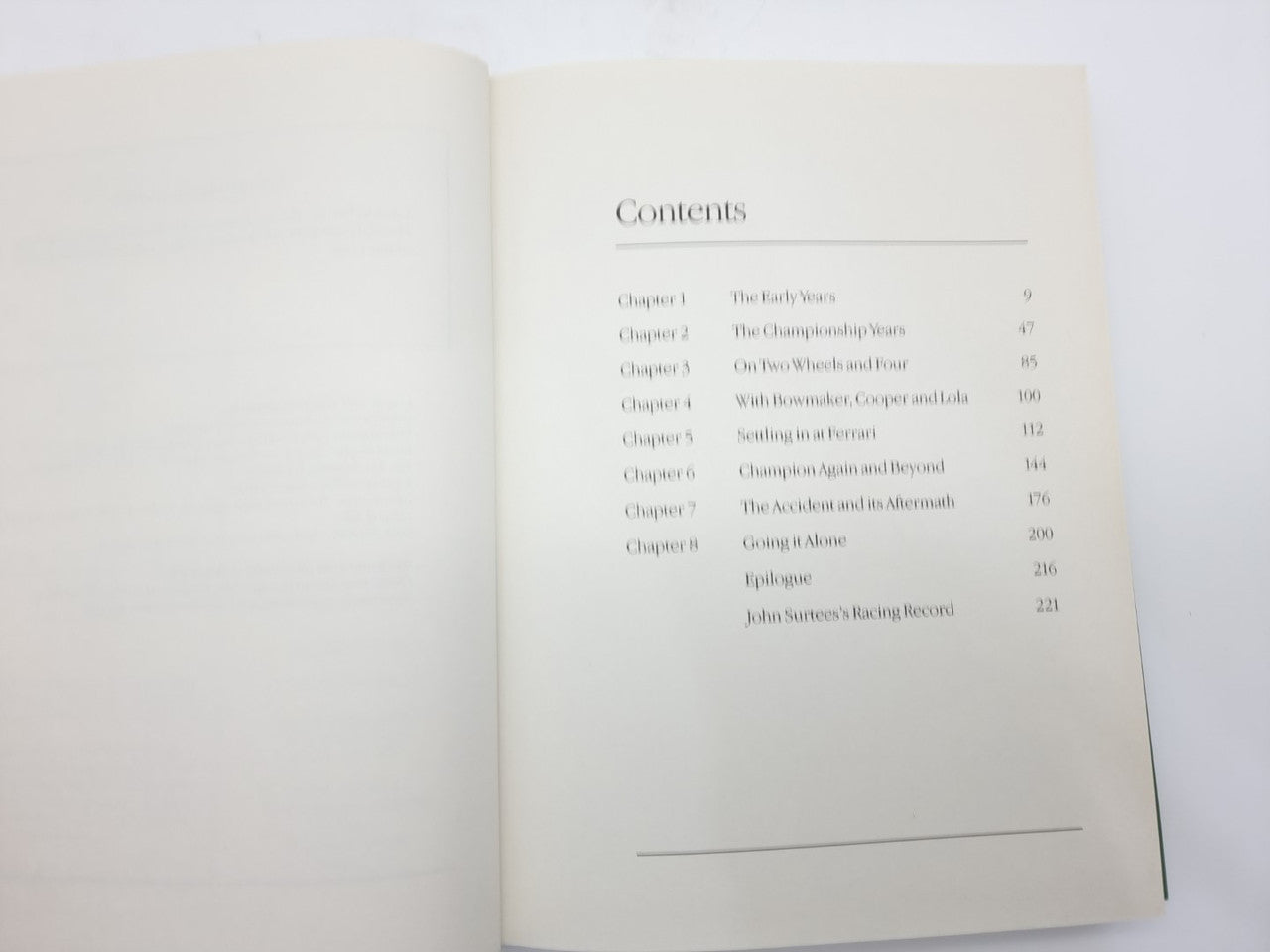 John Surtees World Champion book contents page with chapter list