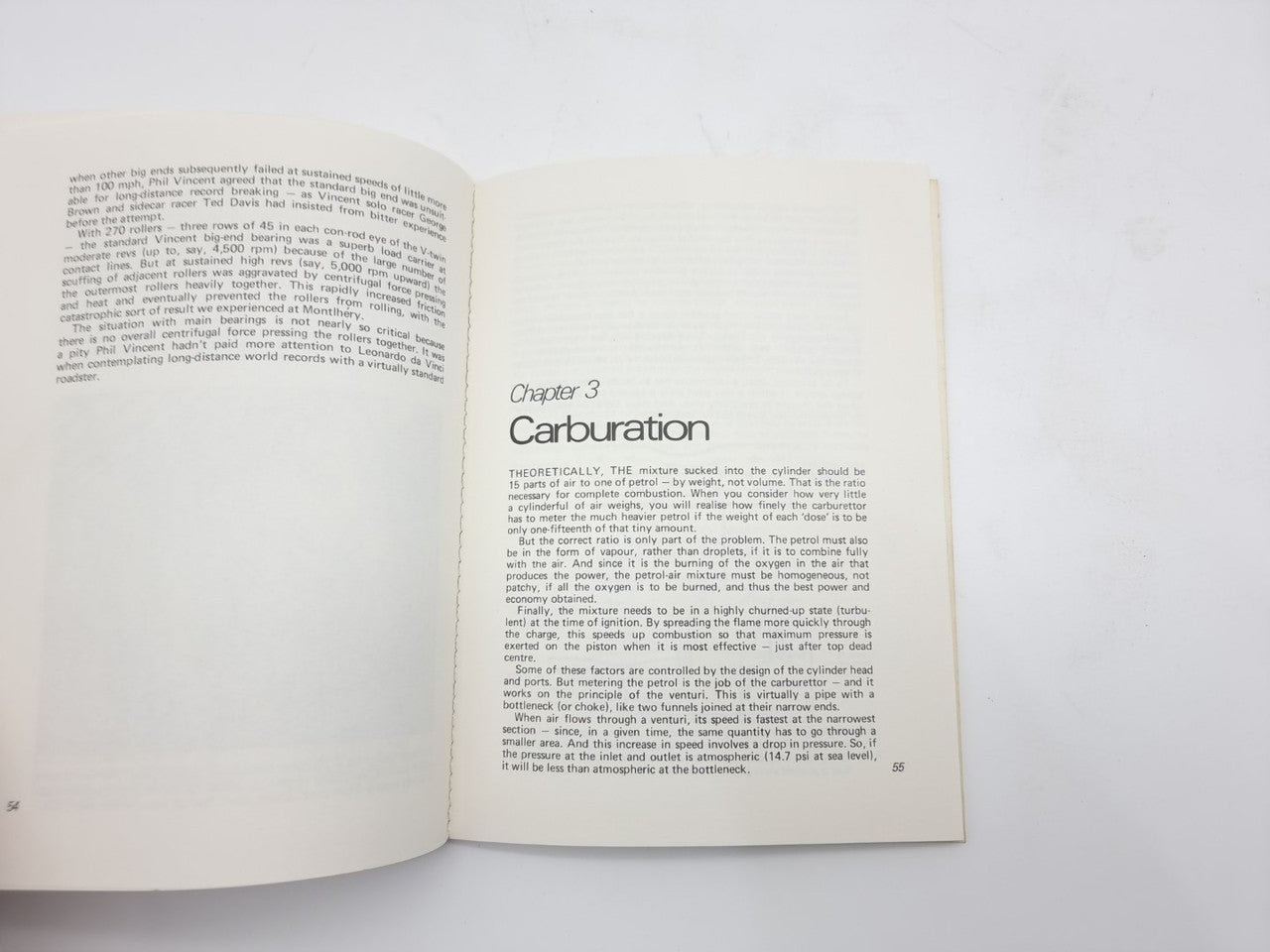 Open paperback book showing Chapter 3 Carburation heading and article text