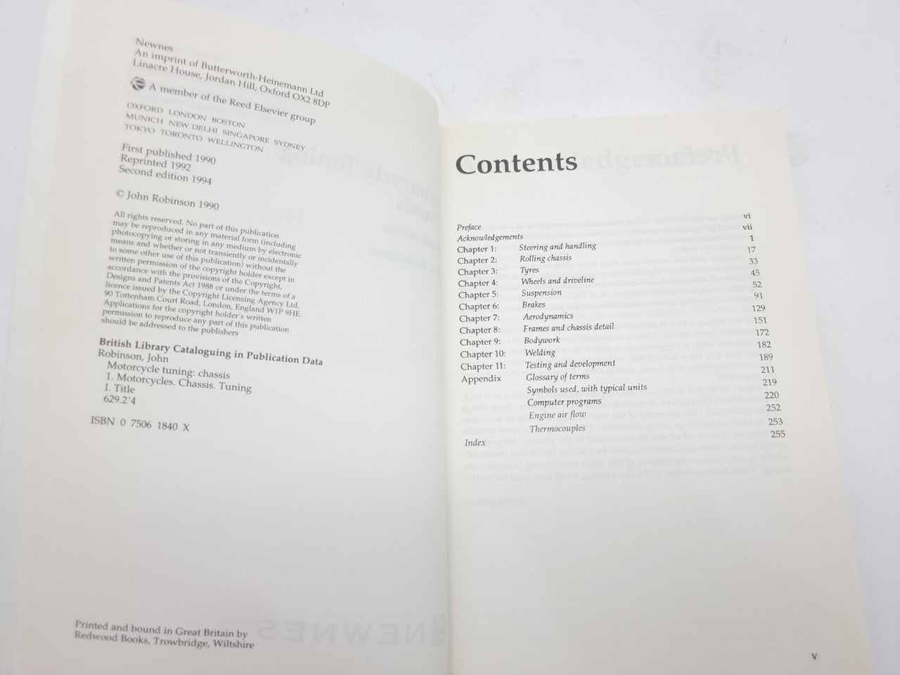 Motorcycle Tuning chassis book open to Contents page with chapter list