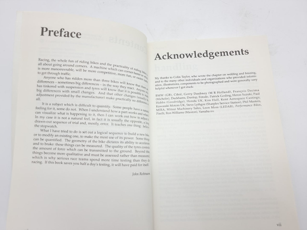 Motorcycle Tuning chassis book open showing Preface and Acknowledgements pages