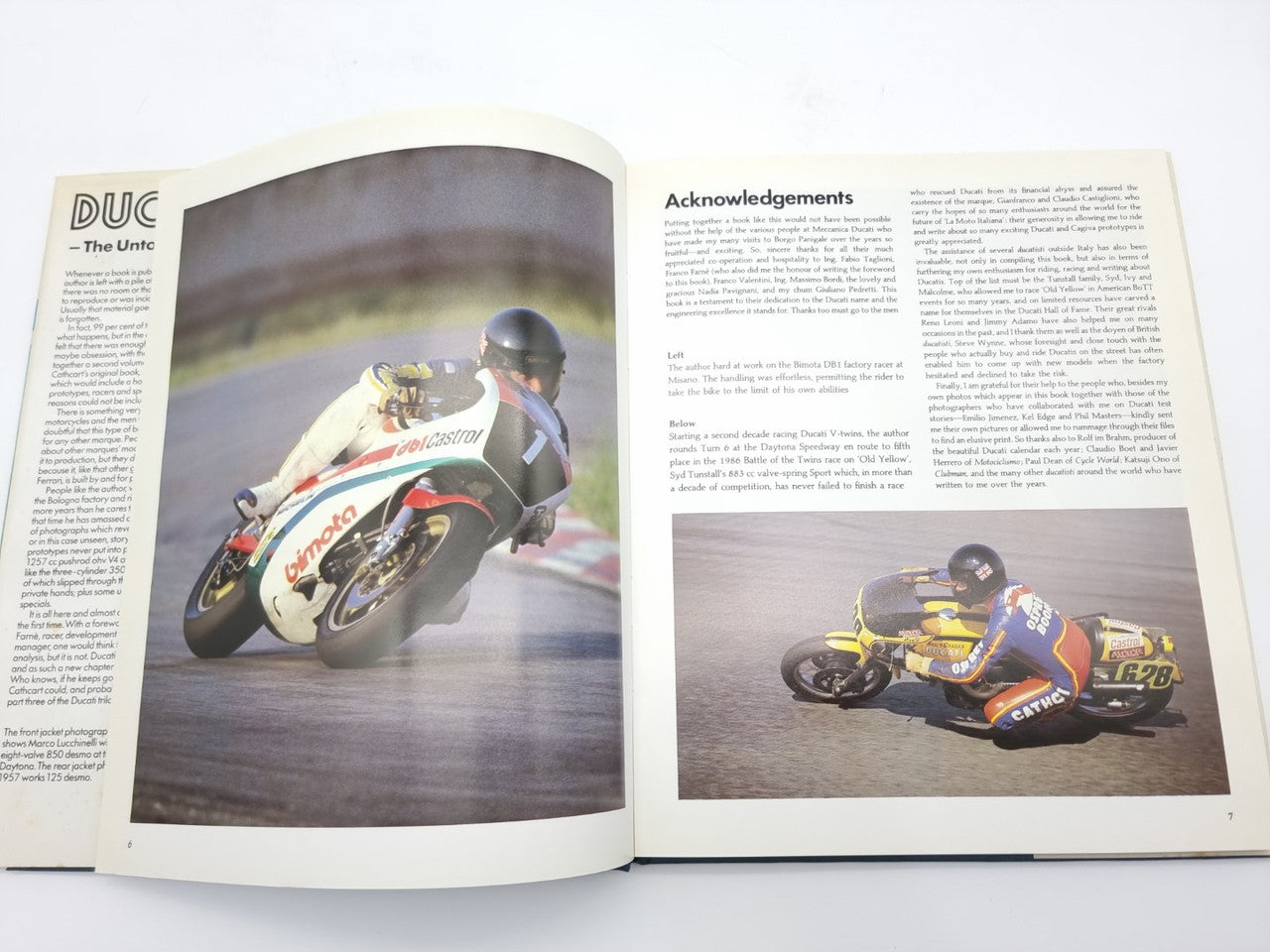 Open Ducati racing book with race bike photo on left and acknowledgements on right