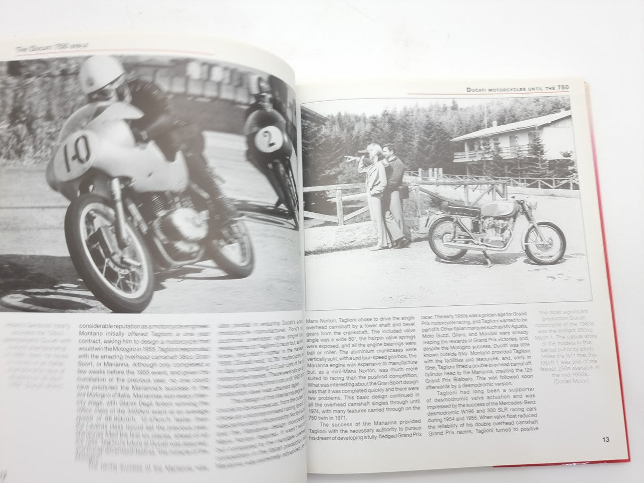 Open motorcycle history book with black-and-white motorcycle photos and captions