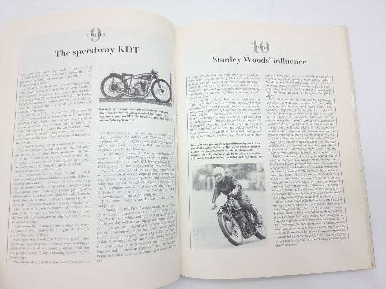 Open book spread featuring vintage motorcycle drawings and text headings