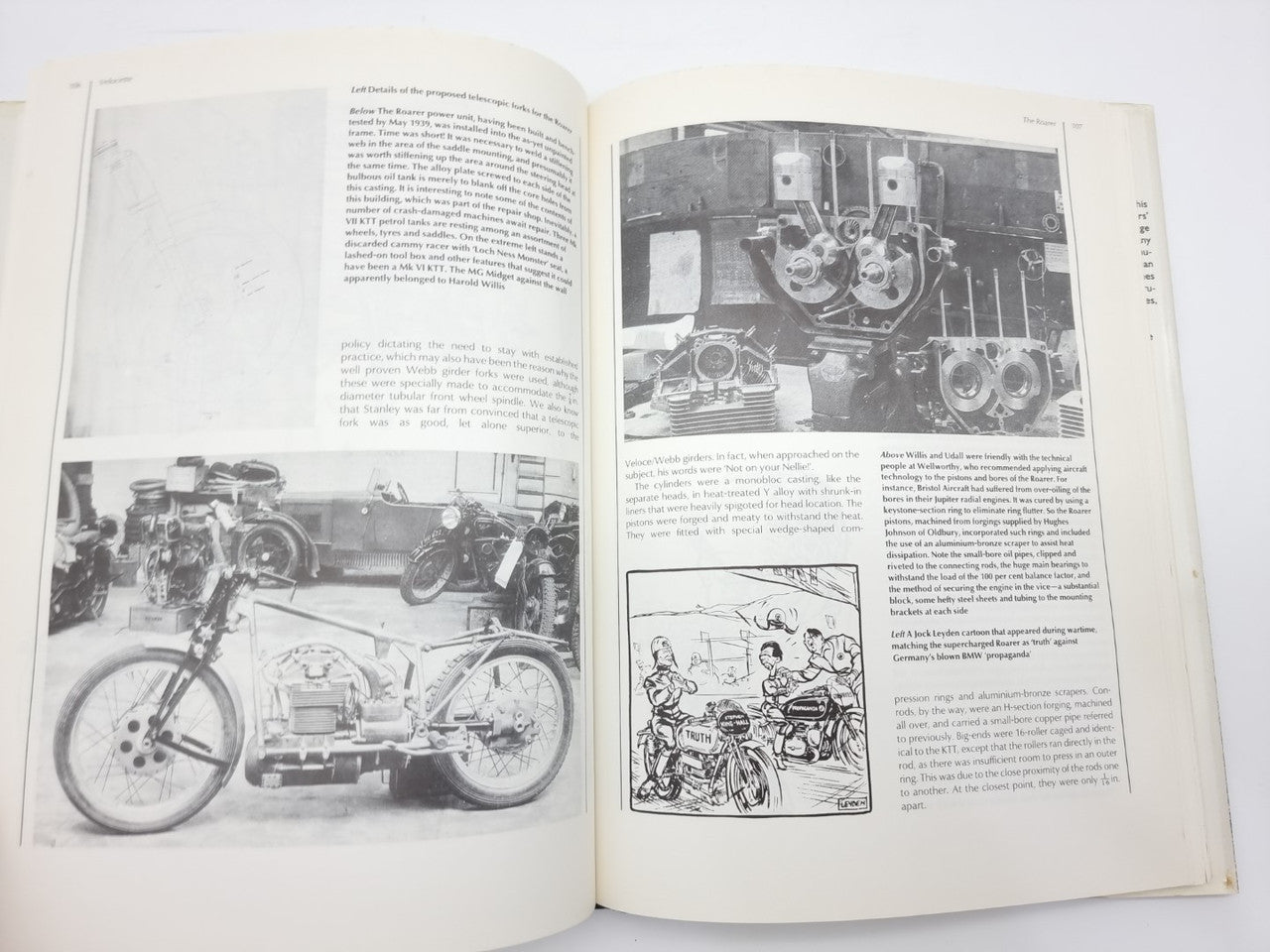 Open book spread with black-and-white motorcycle and engine detail photos