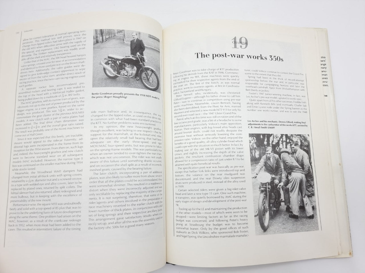 Open vintage book pages with a motorcycle photo and a portrait-style group shot