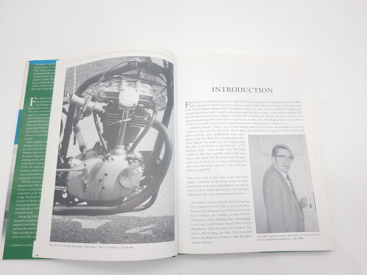 Open book spread with black-and-white engine photo and Introduction text