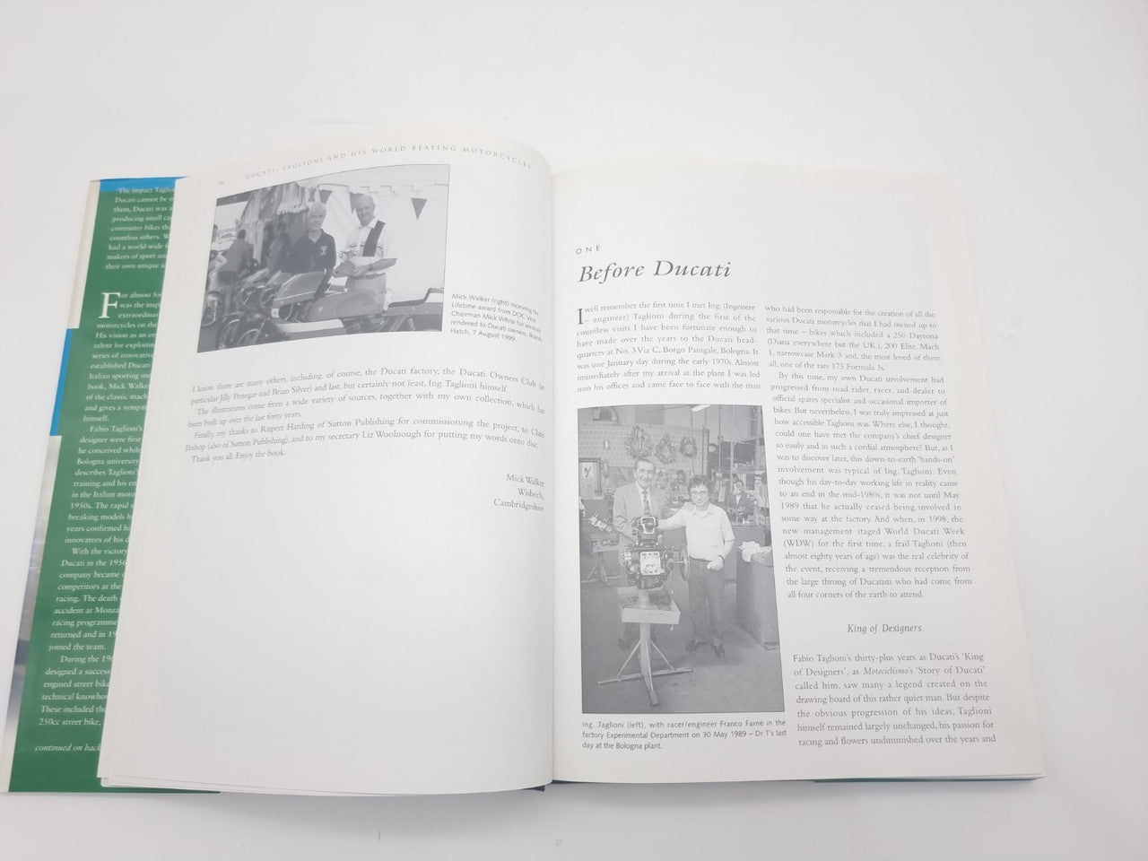 Open book spread with black-and-white photos and heading 'Before Ducati'