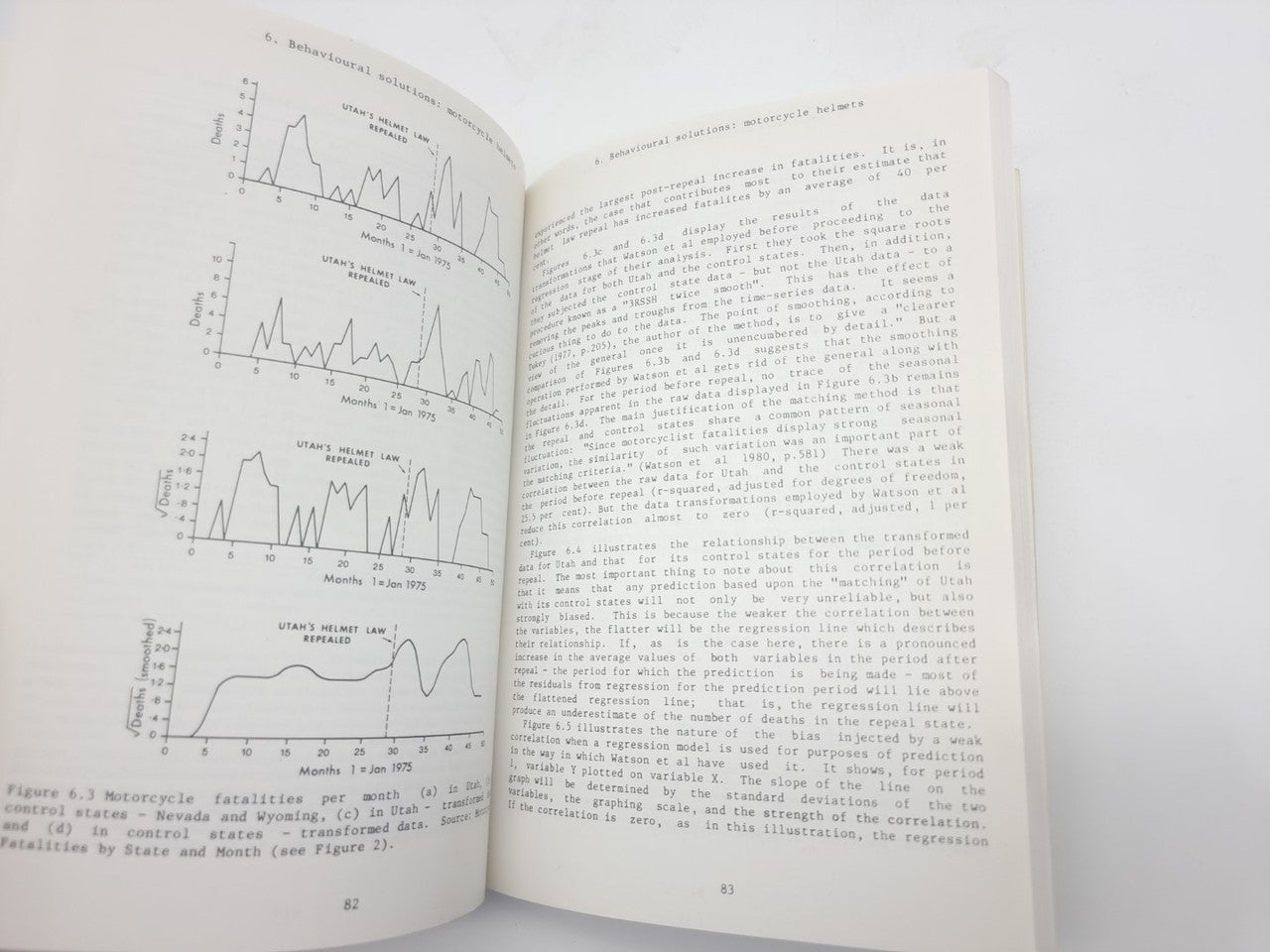 Opened book pages with multiple bar and line charts beside dense text