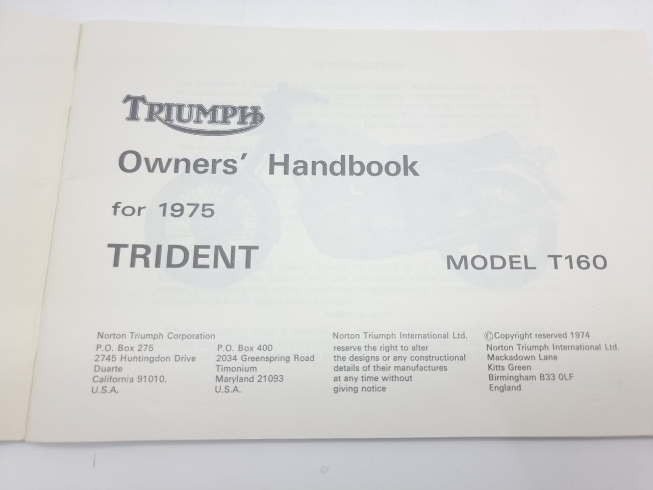 Triumph Owner's Handbook 1975 Model T160 TRIDENT, (No. 00-4222, 1974))