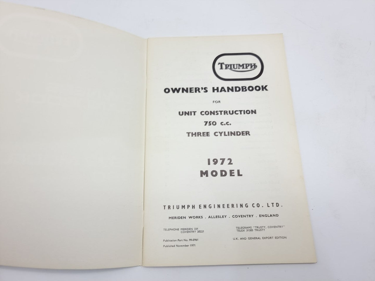 Triumph Owners Handbook for 1972 Models 750 Triple Trident T150, T150 V.