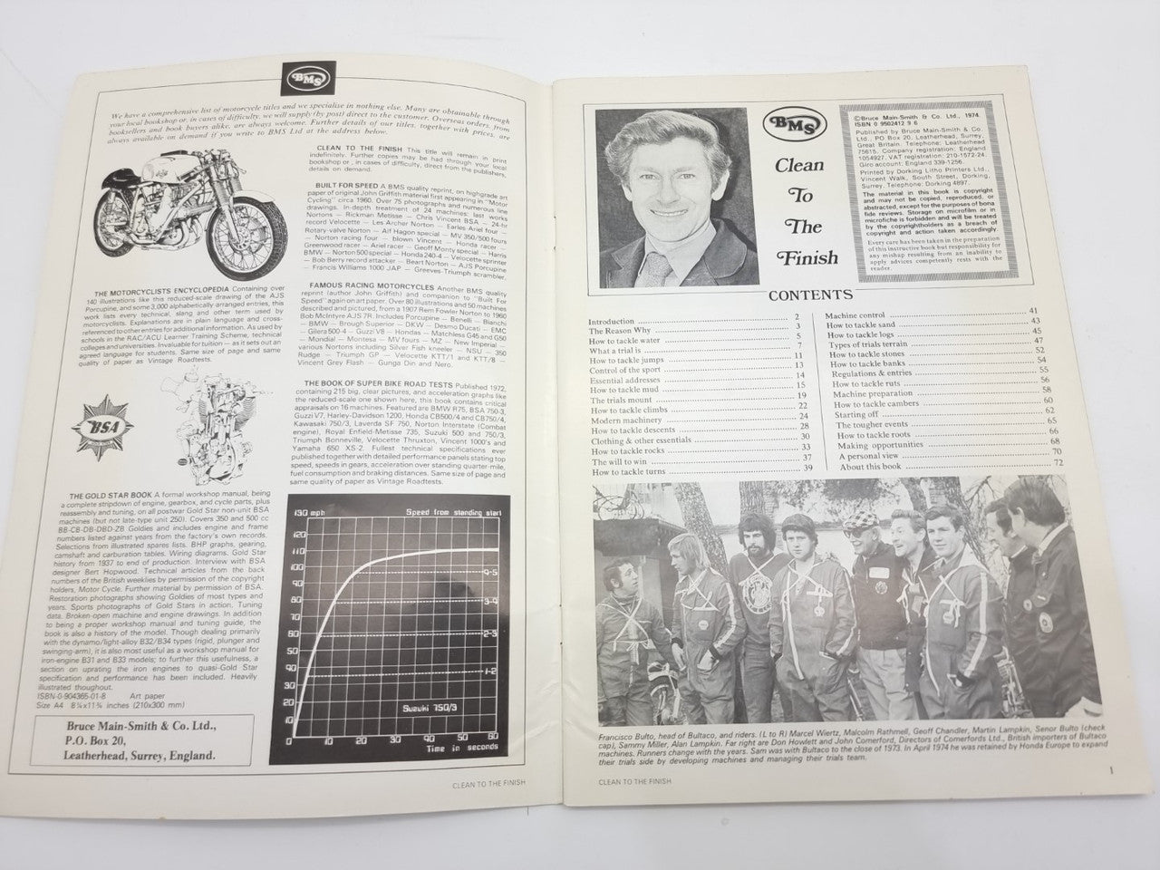 Open motorcycle trials book pages with portraits, graphs, and rider photos