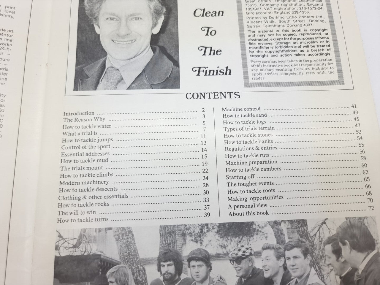 Motorcycle trials book contents page with chapter list and headshot