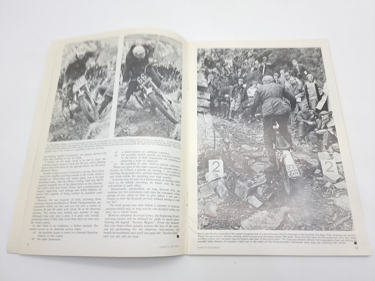 Open motorcycle trials book pages with black-and-white rider photos and captions