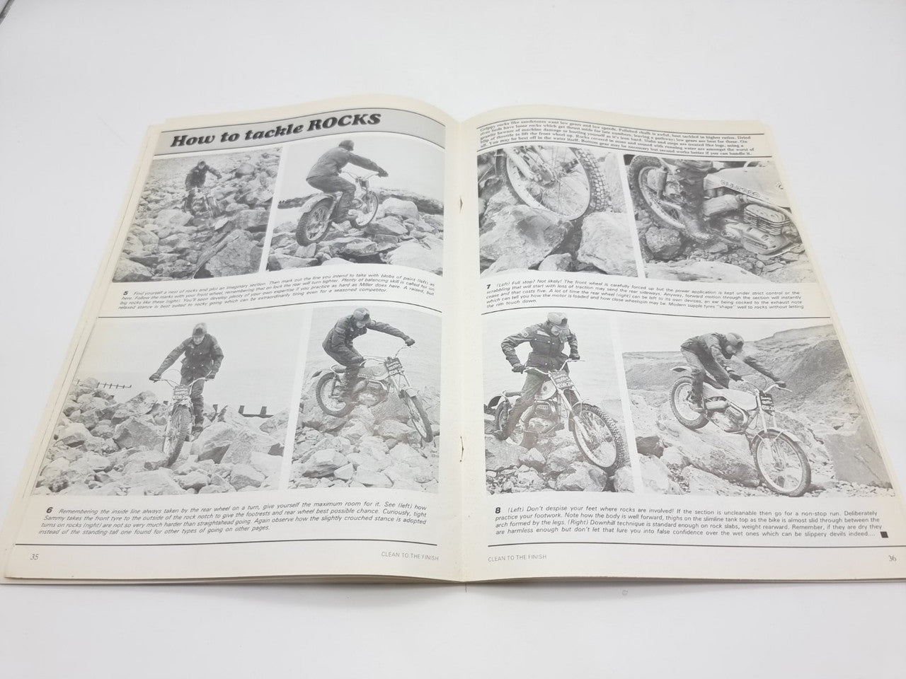 Open motorcycle trials book spread titled "How to tackle rocks" with photos
