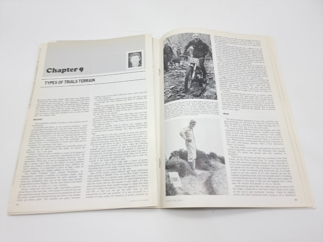Open motorcycle trials book with chapter text and black-and-white rider photos