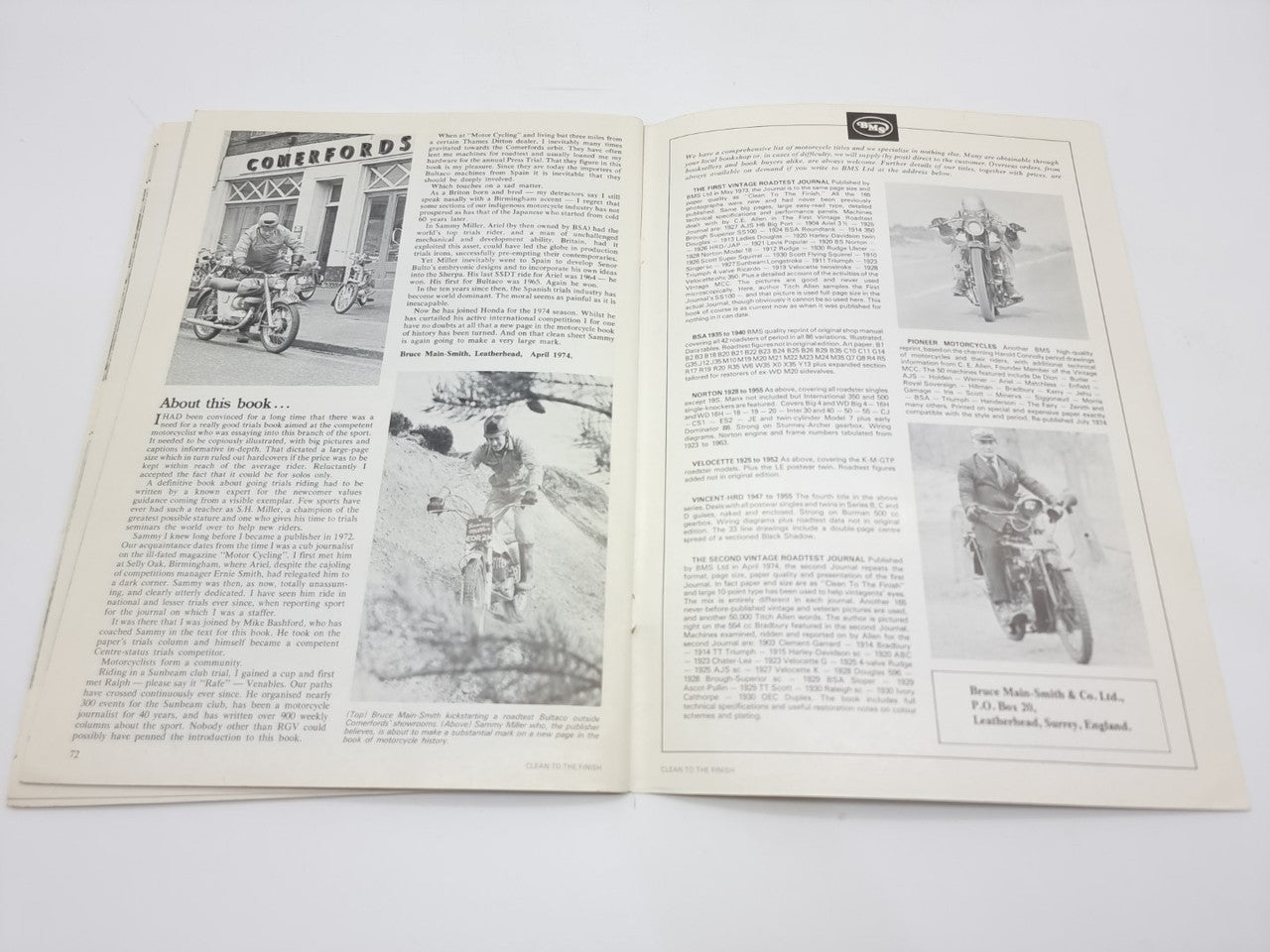 Open motorcycle trials book spread with black-and-white photos and dense text