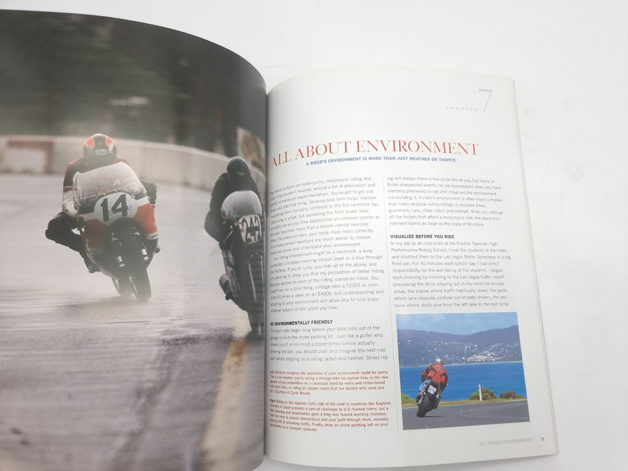 Open book page with section heading about environment, plus a small landscape photo