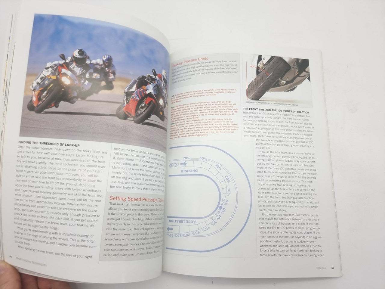 Open book pages showing two motorcycle action photos and a circular diagram