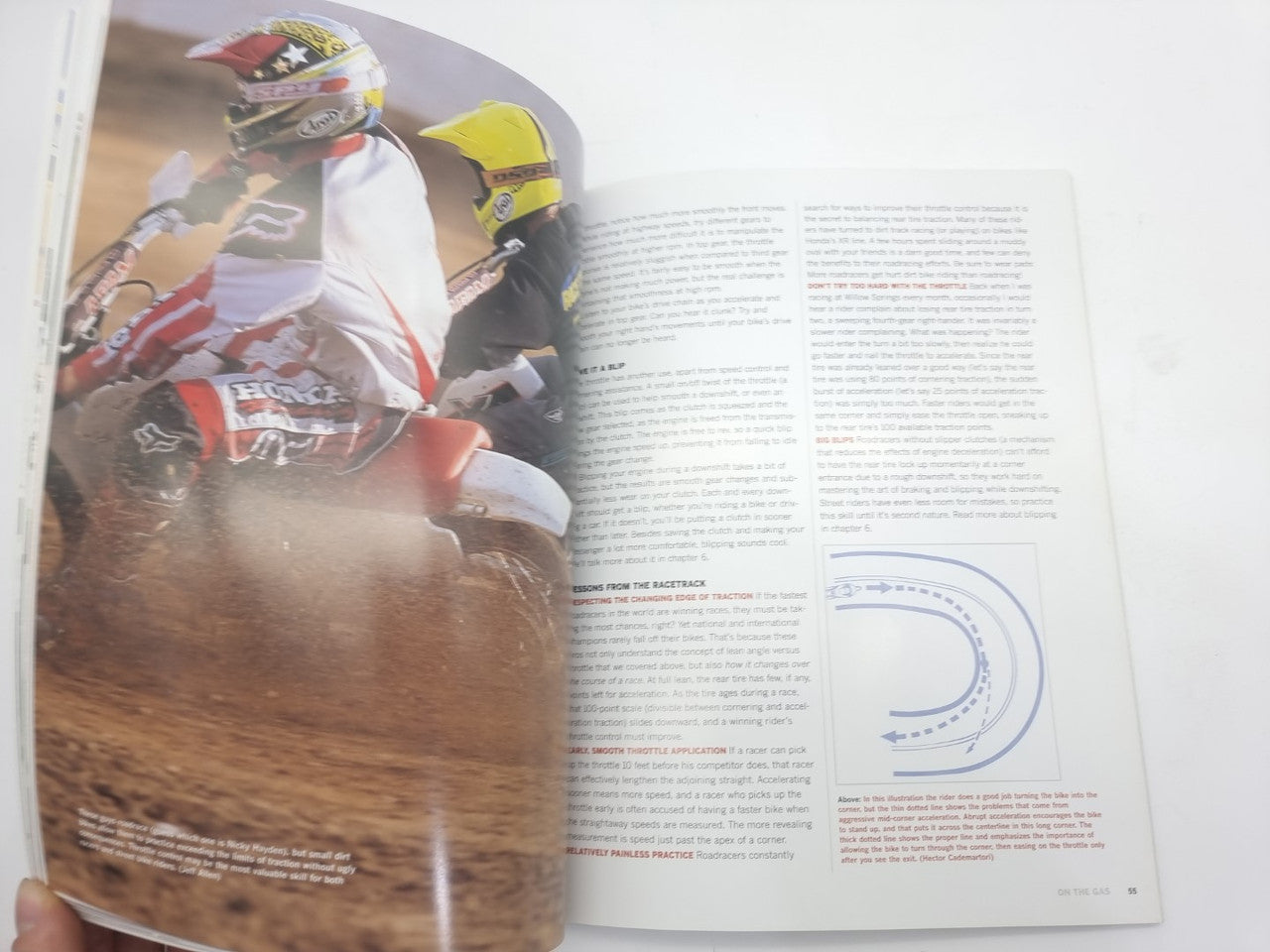 Open book spread with rider photo on left and text with a circular graphic on right