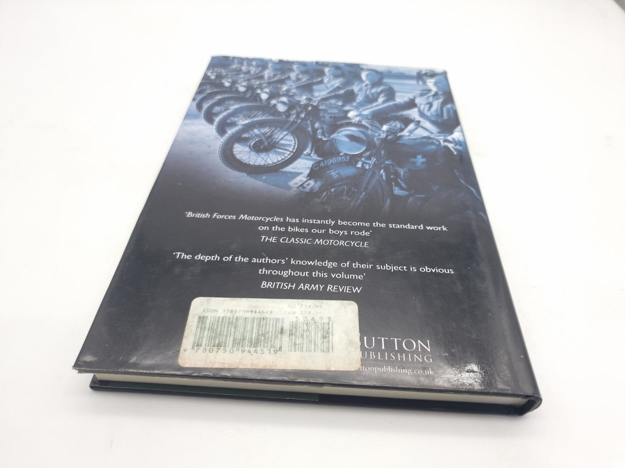Motorcycles history book, back cover with blue motorcycle photo and quote text