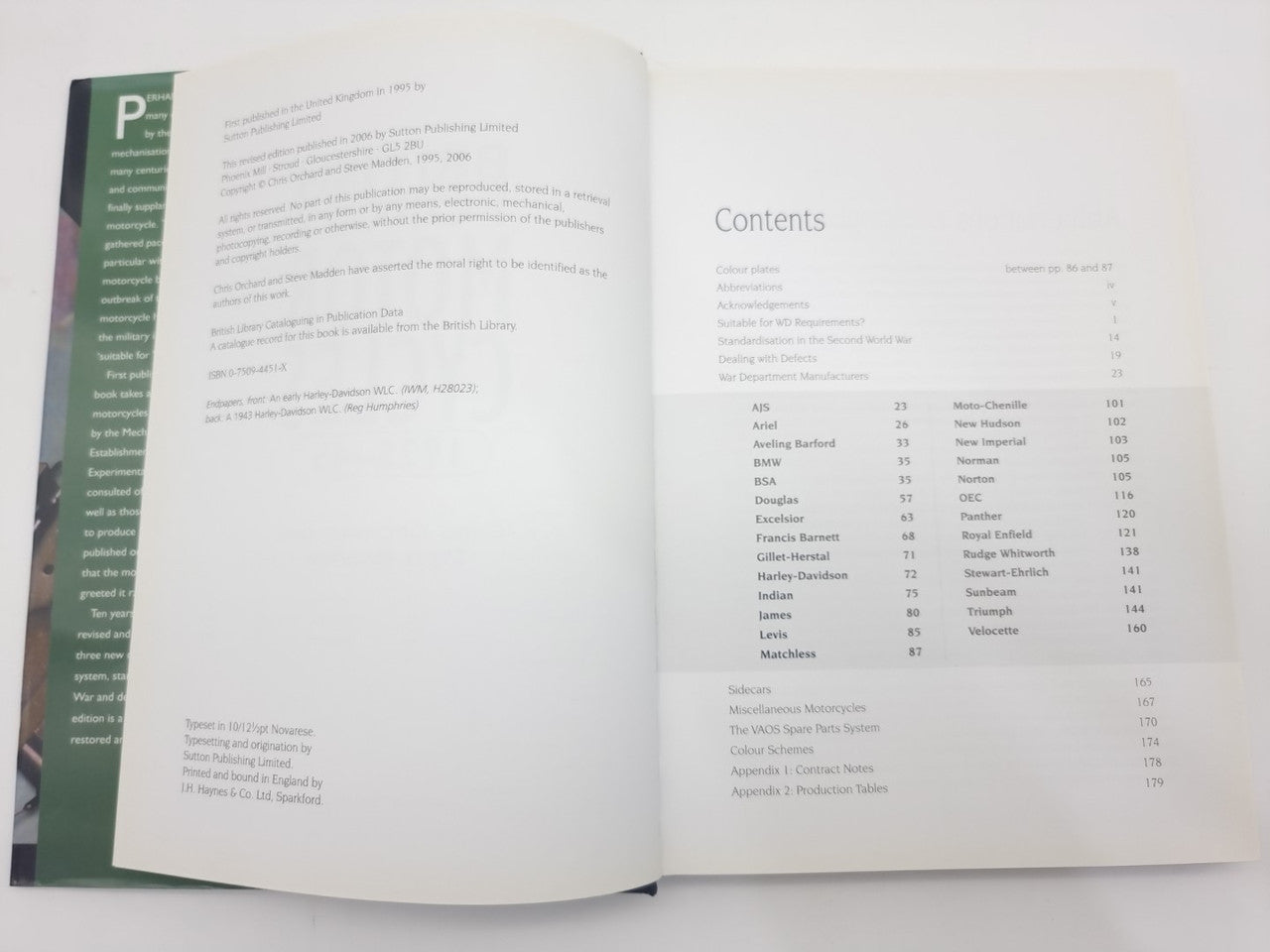 Motorcycles history book open, right page shows contents list and page sections