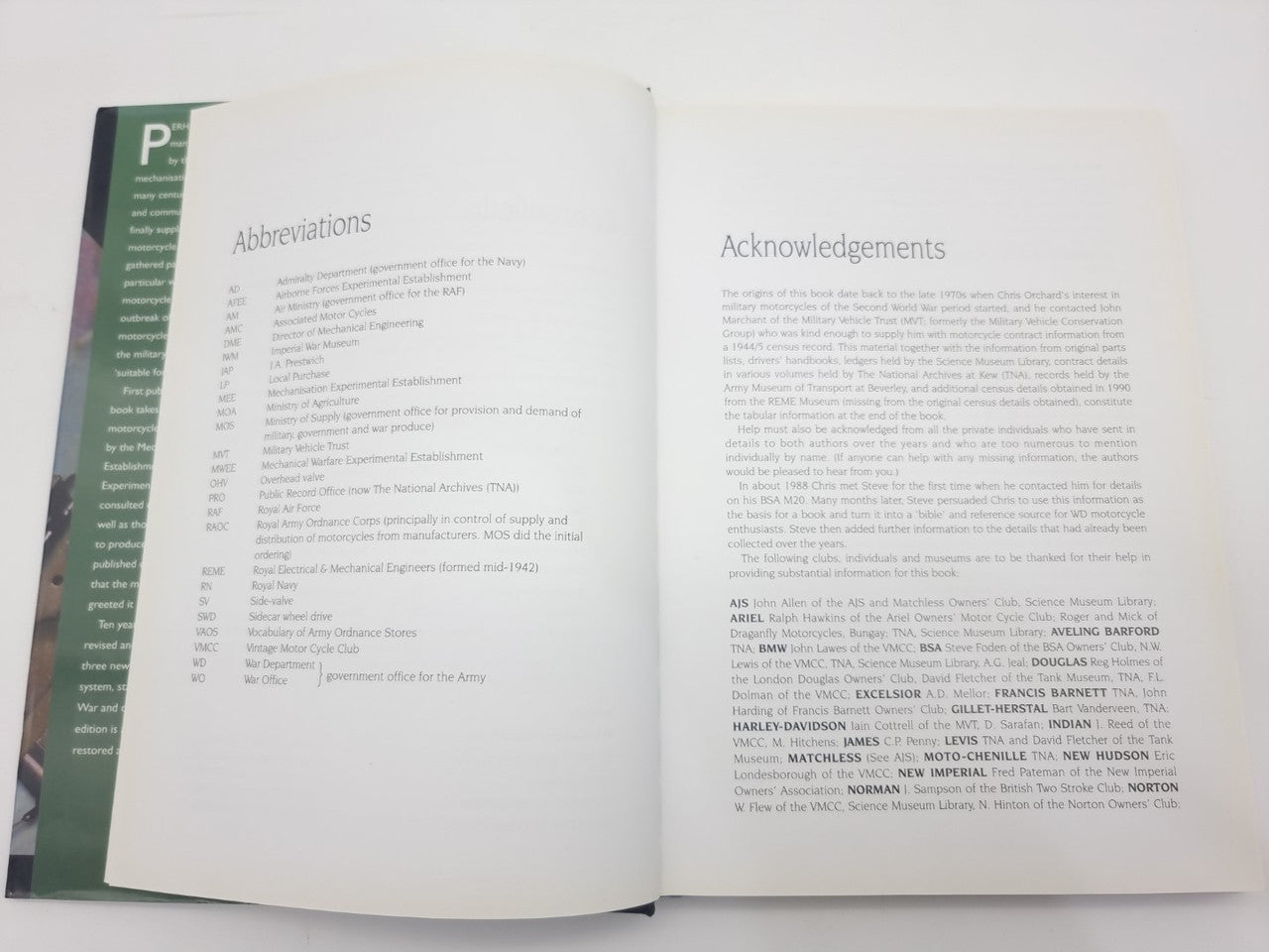 Motorcycles history book open, left abbreviations page and right acknowledgements text