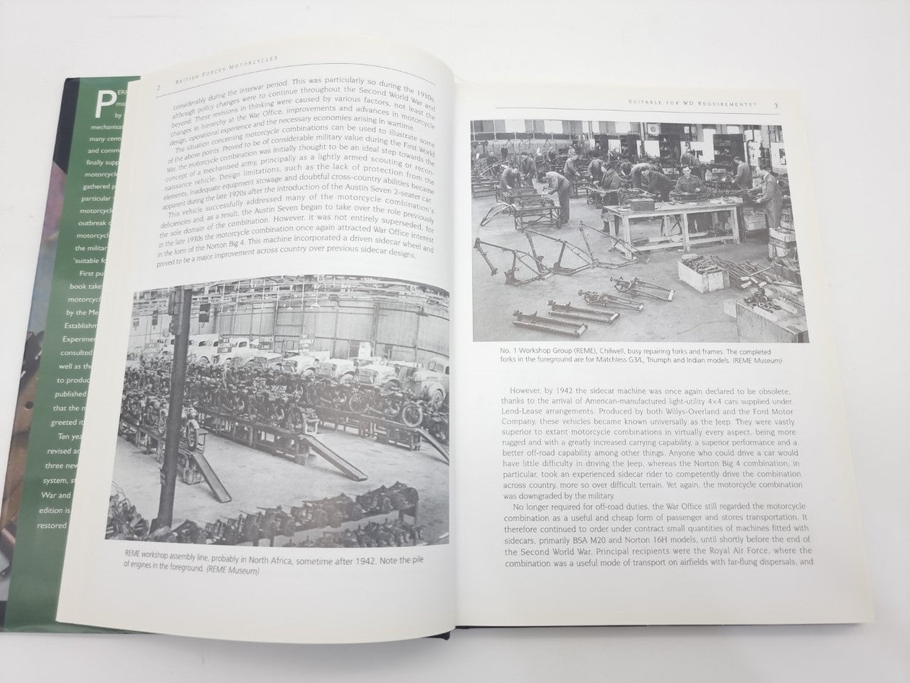 Open hardcover book with multiple black-and-white factory photos and text paragraphs