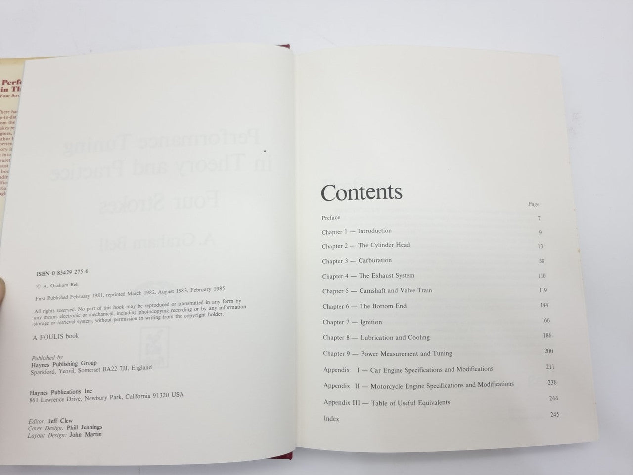 Open book showing Contents page with chapter list and page numbers