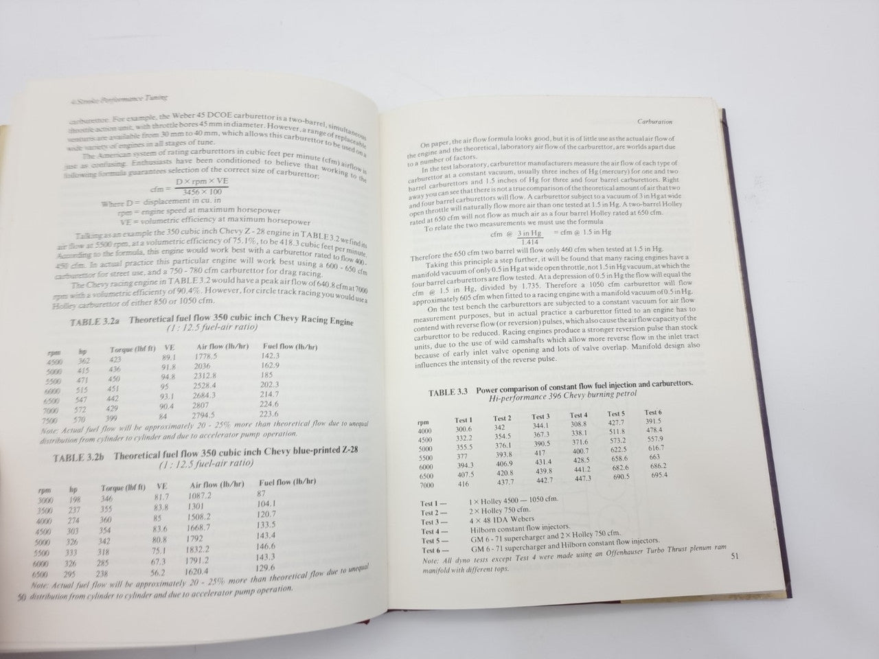 Open technical book pages with multiple tables and dense explanatory text