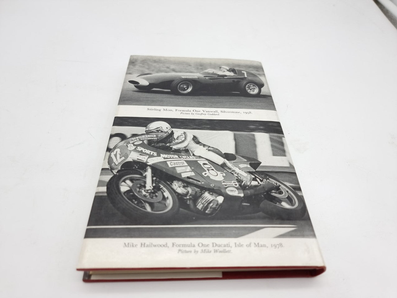 Motorsport book back cover with black-and-white racing bike photo