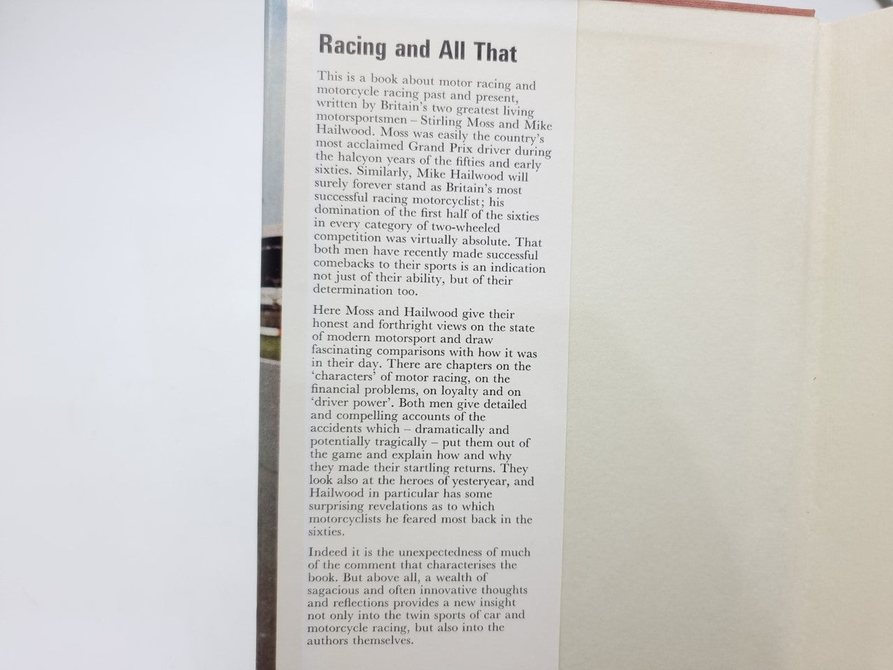 Close-up of motorsport book text page with title header at top