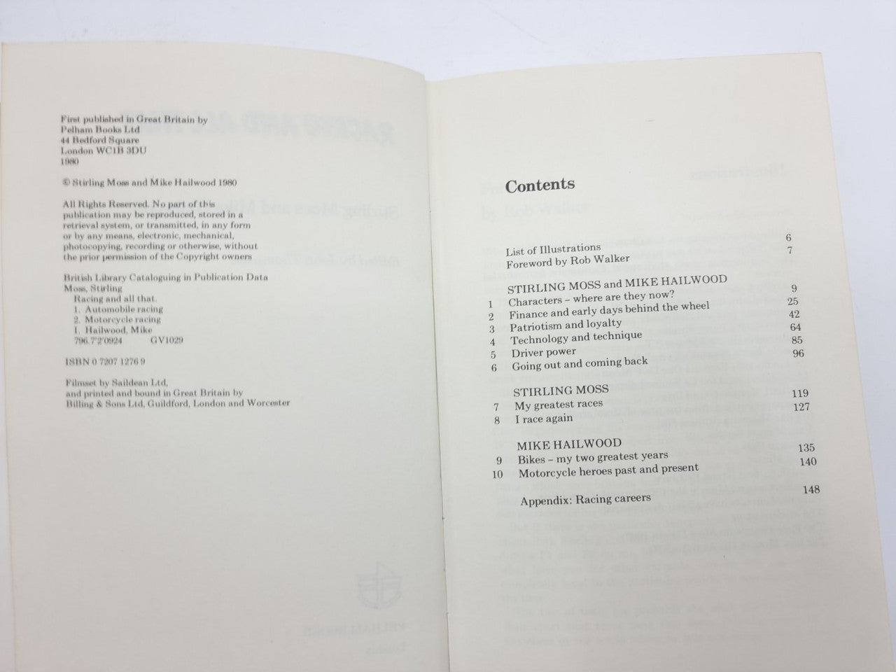 Motorsport book contents page with numbered sections and Contents header