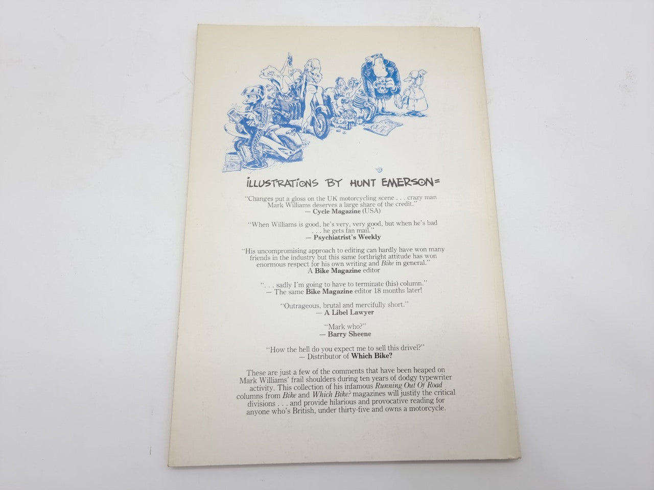 Paperback book back cover with blue illustration and dense text block