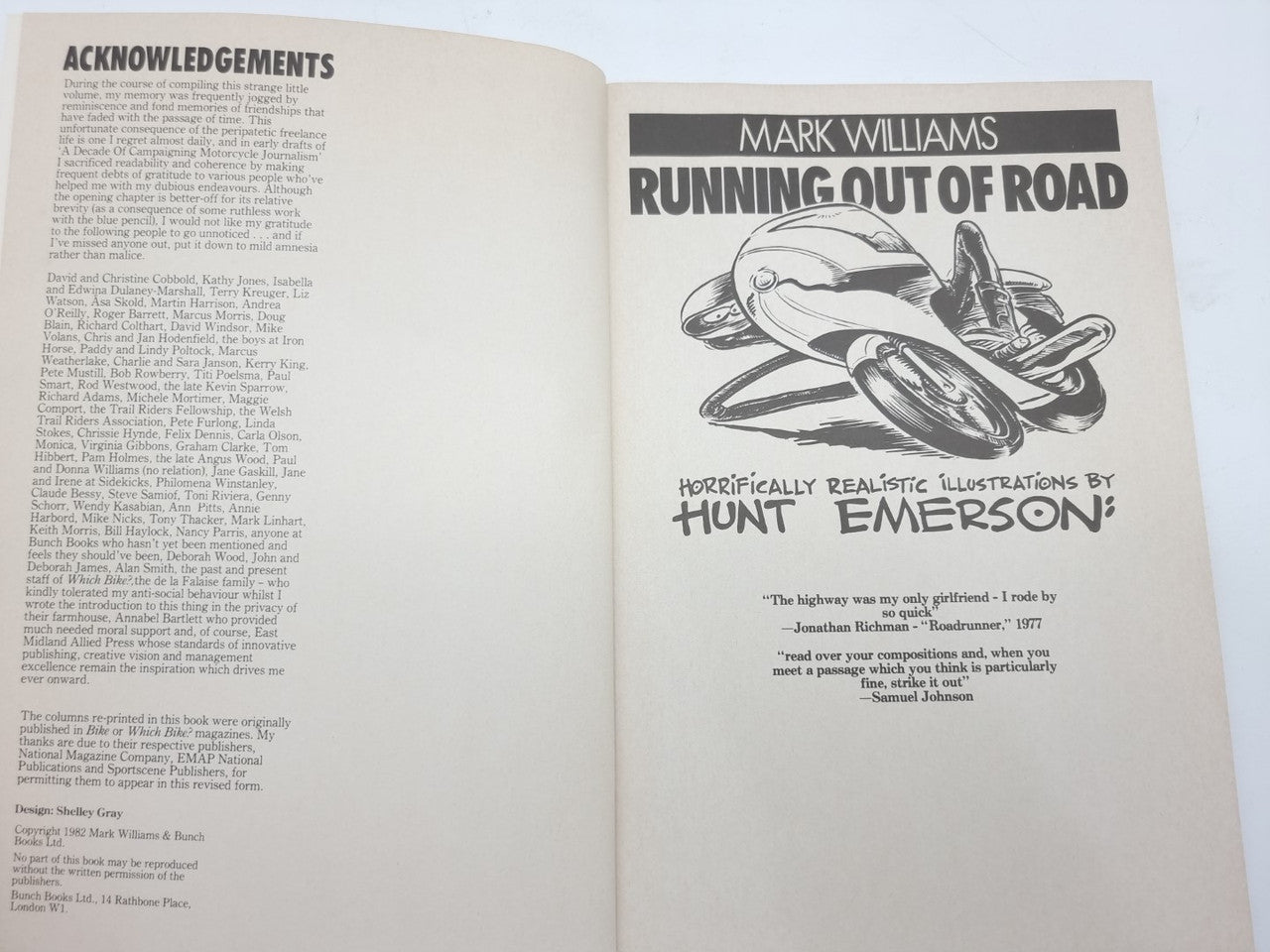 Paperback book open showing title page with Mark Williams and bike illustration