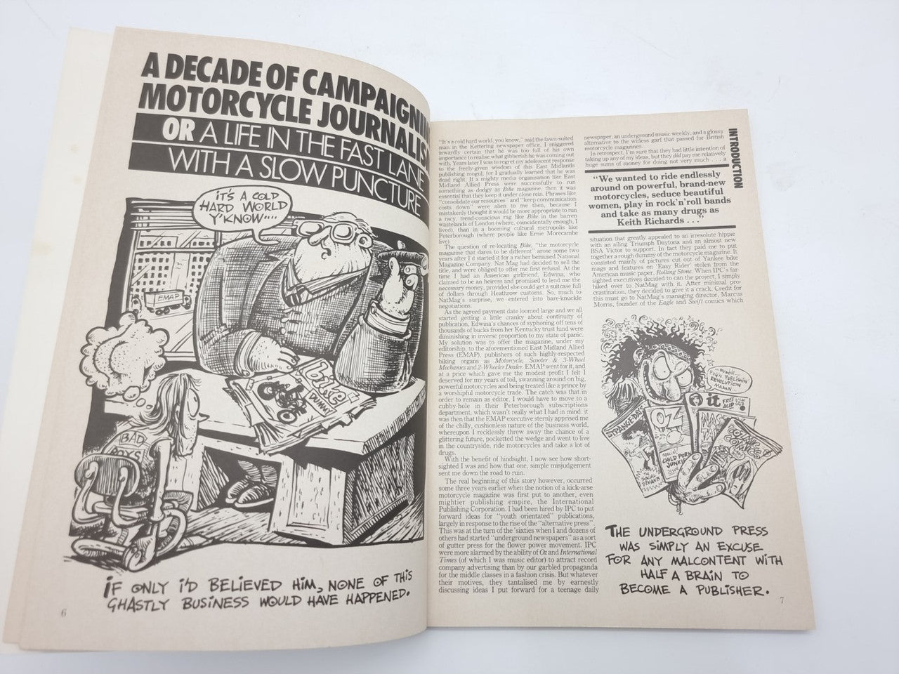 Vintage paperback book, open spread with black-and-white illustrated title and article text