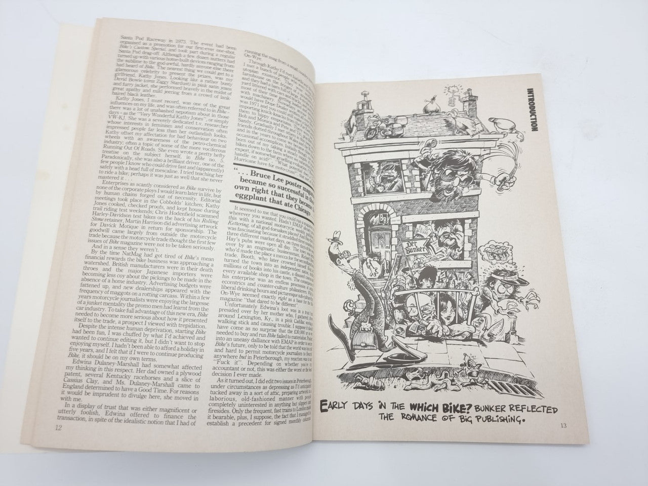 Vintage paperback book, open spread with dense text and line-drawing illustration