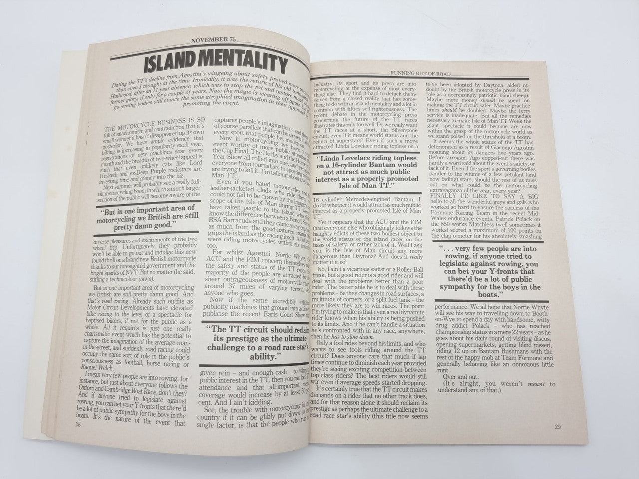 Vintage paperback book, open spread with article titled "Island Mentality"