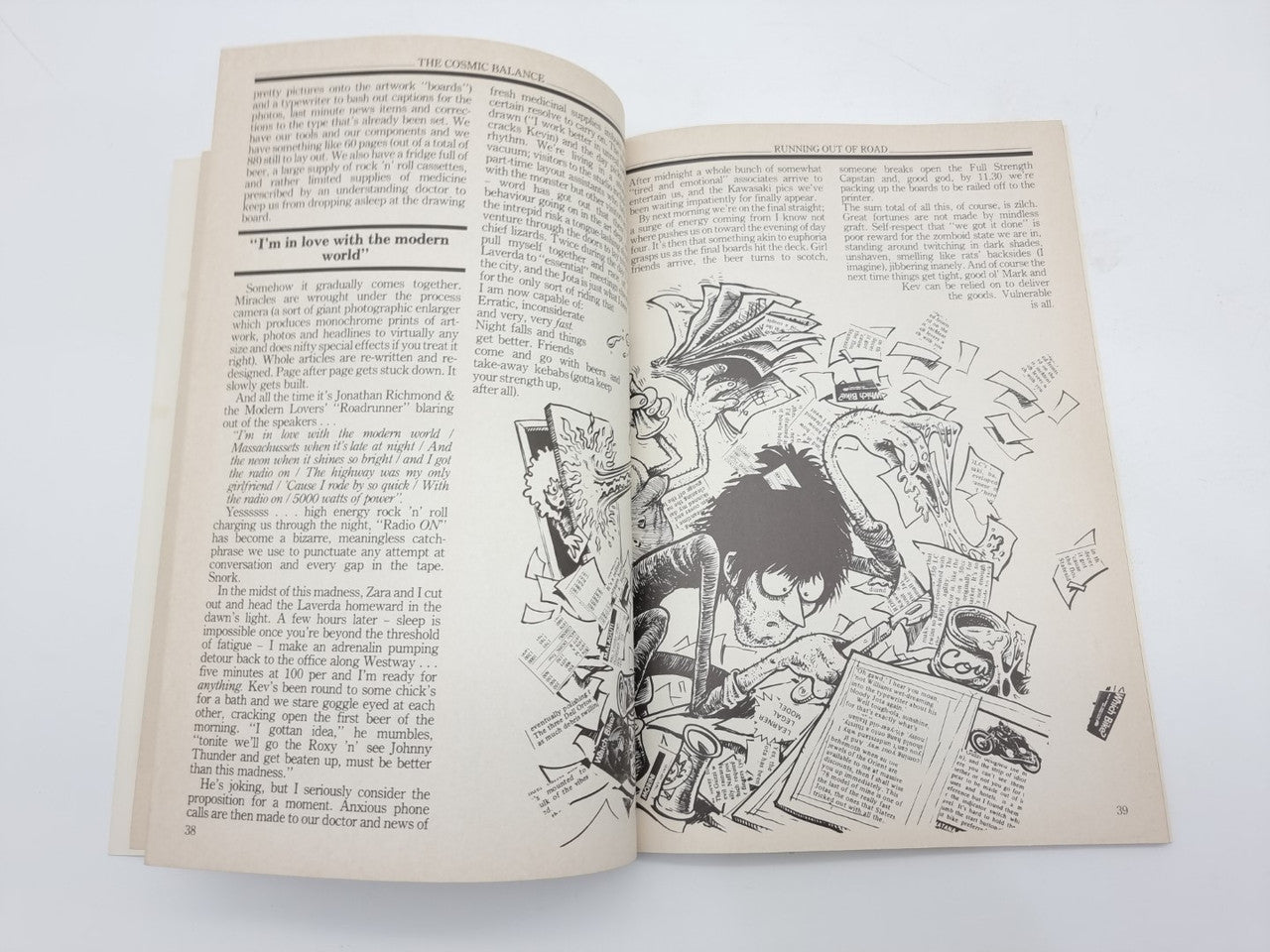 Vintage paperback book, open spread with line-art cartoon and article paragraphs