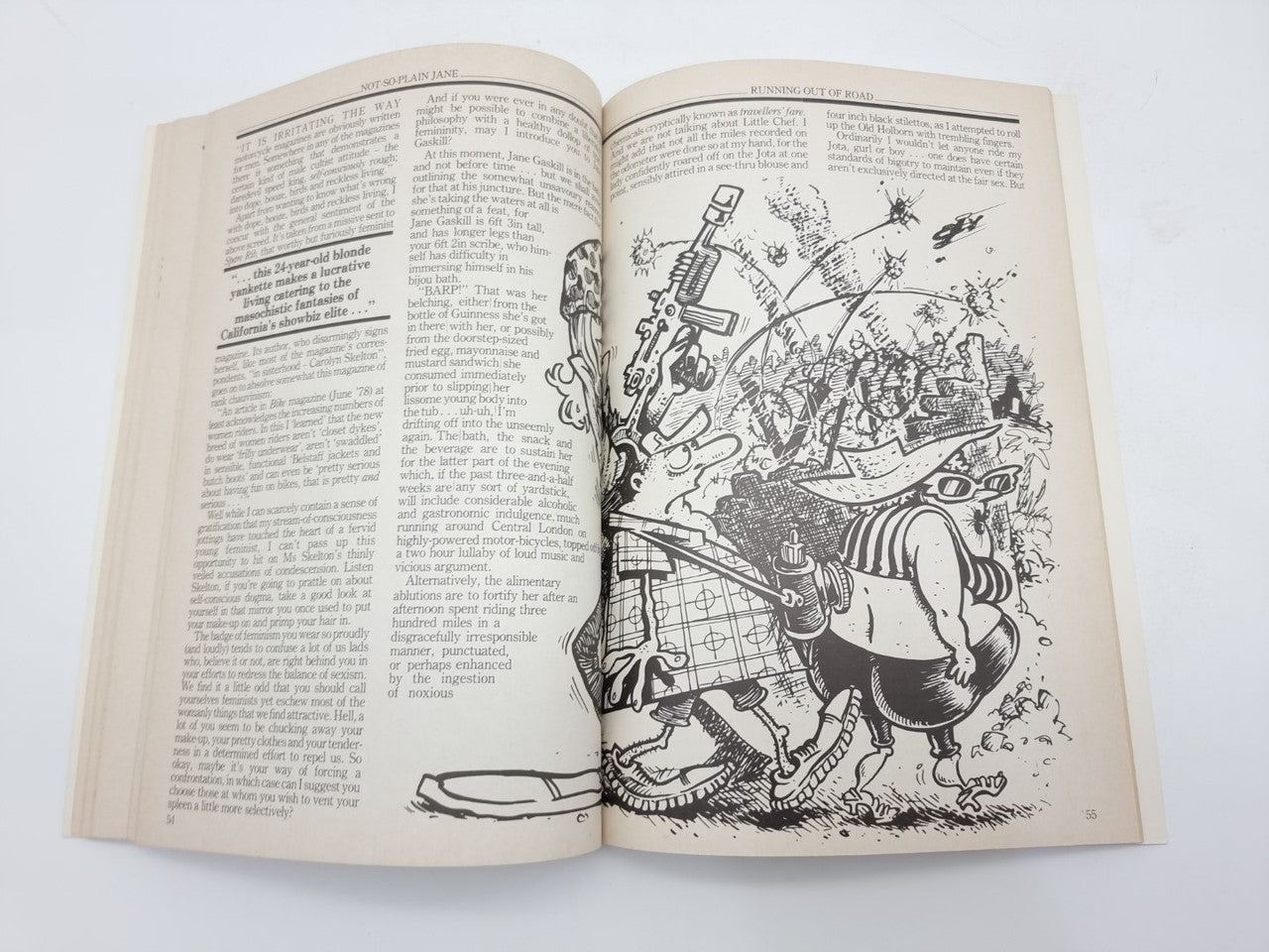 Vintage paperback book, open spread with line-art scene and dense text columns