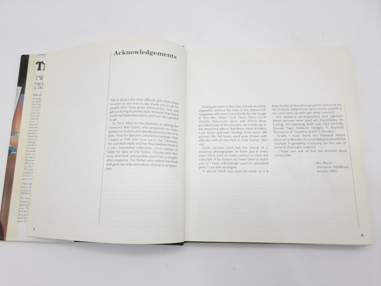 Open book showing "Acknowledgements" heading and printed text