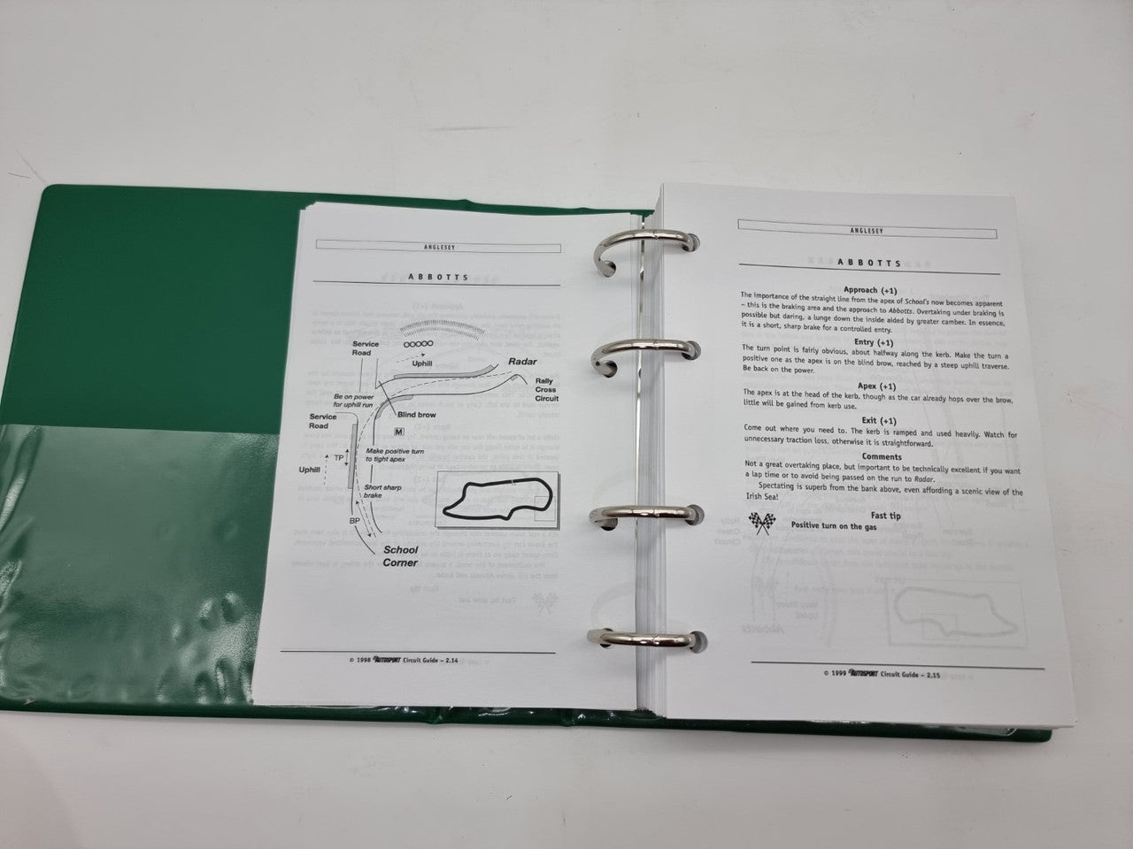 Open circuit guide binder with two white pages of diagrams and printed text