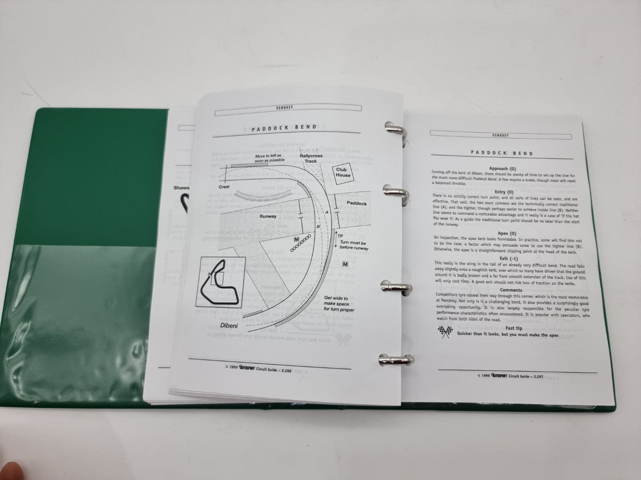 Open circuit guide binder spread with track layout diagram and written notes