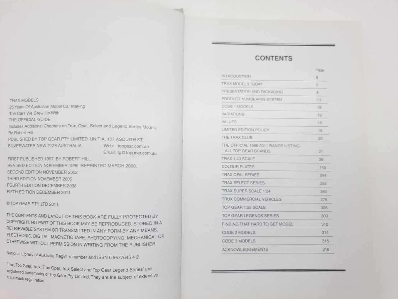 Model car guide book open to contents page with chapter list on two pages
