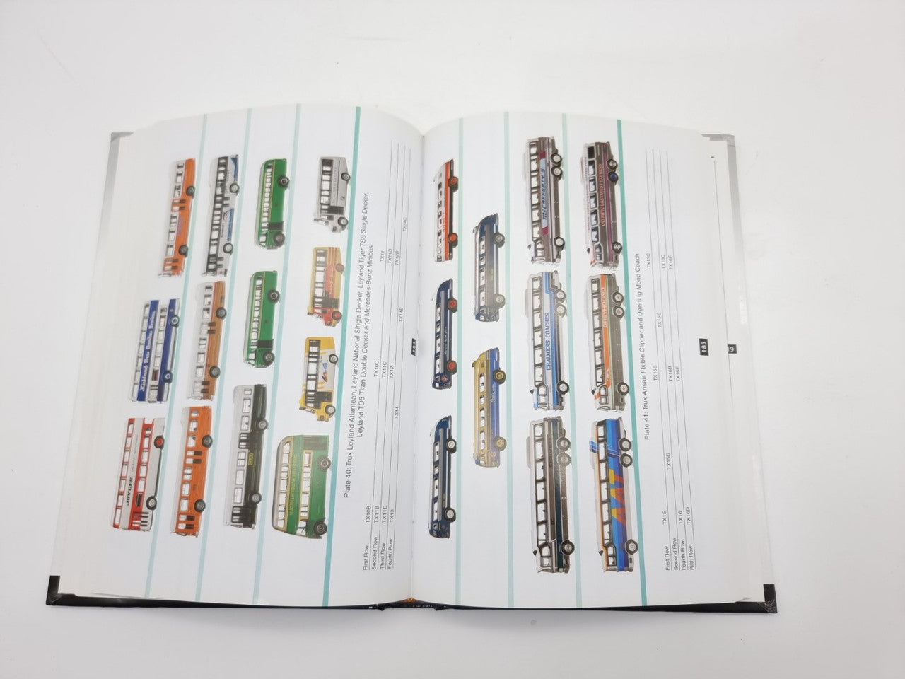 Model car guide book open to pages with colorful miniature car diagrams and labels