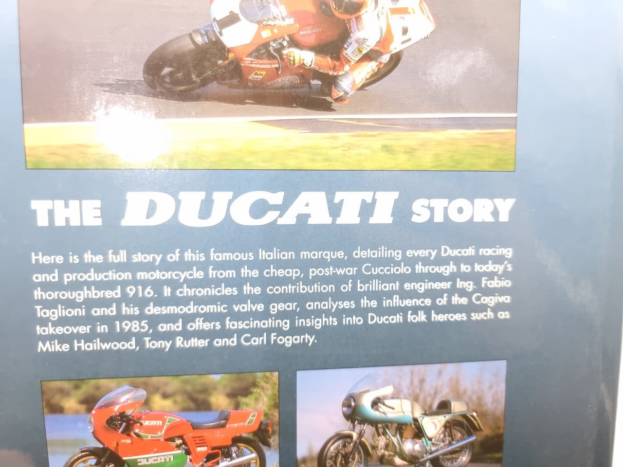 The Ducati Story book cover close-up with Ducati logo and feature text