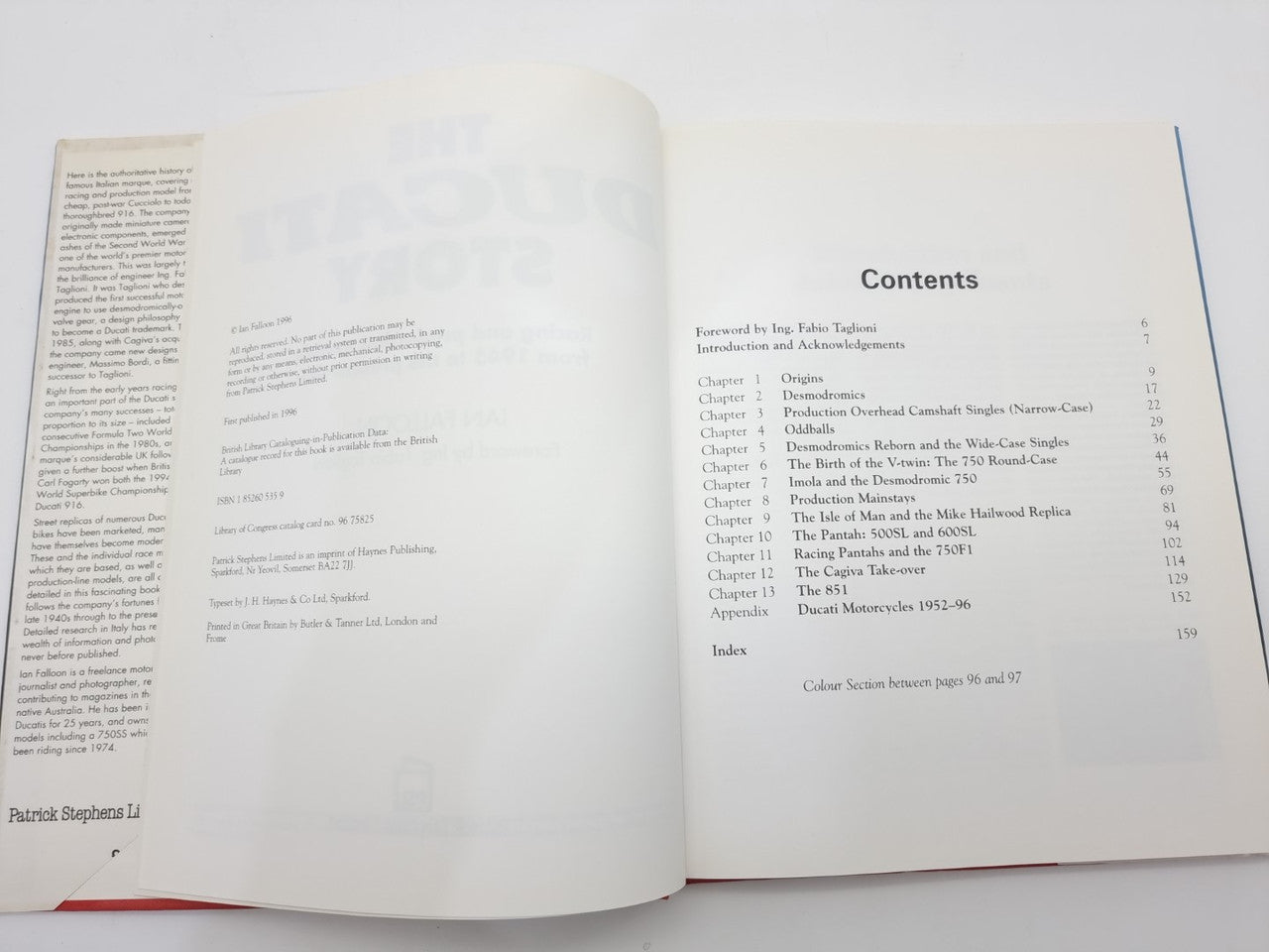 The Ducati Story open book showing Contents page and right index headings