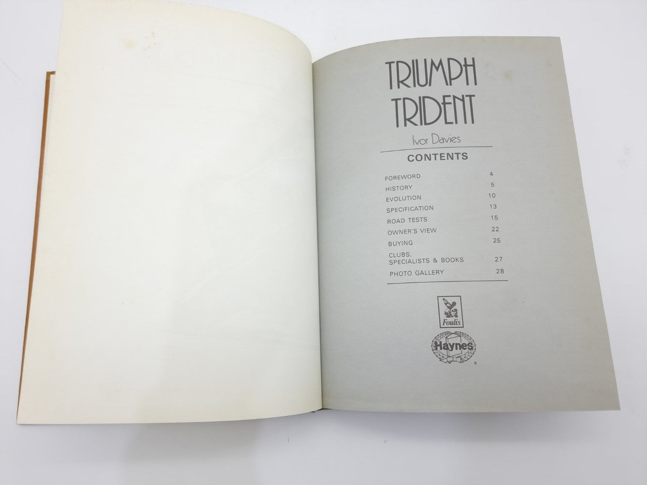 Triumph Trident motorcycle manual open to contents page with Haynes logo.