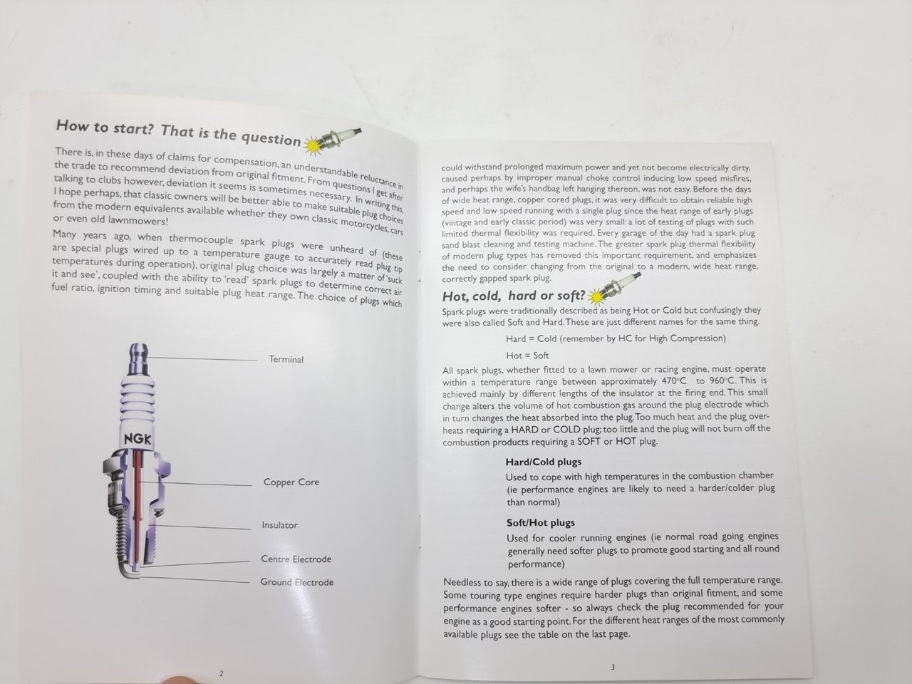 Paperback interior page with spark plug diagrams and text, two-column layout