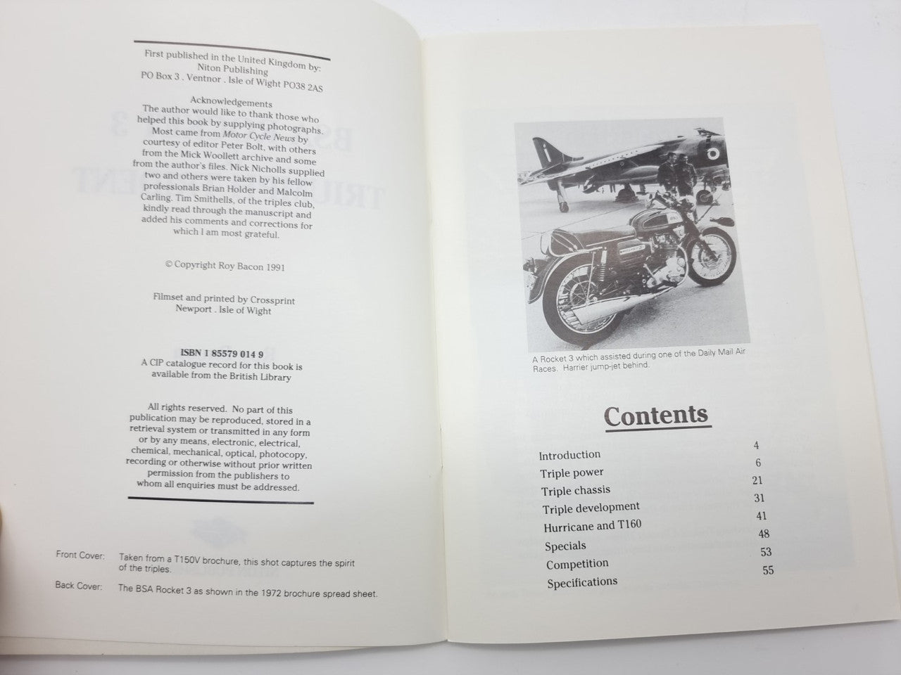 Motorcycle monograph book open to contents page with section list headings