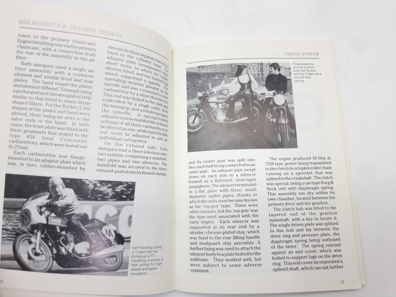 Motorcycle monograph book open to Triple Power page with diagrams and small photos